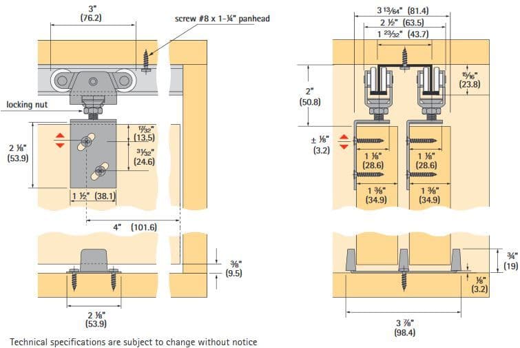 Hettich TopLine Grant 72-138 Bypass Sliding Door Set | For 1 3/8" Thick ...