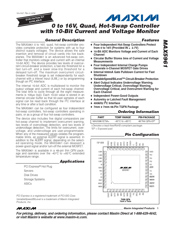 MAX5961 Datasheet PDF (Hot-Swap Controller) | Maxim Integrated (now ...