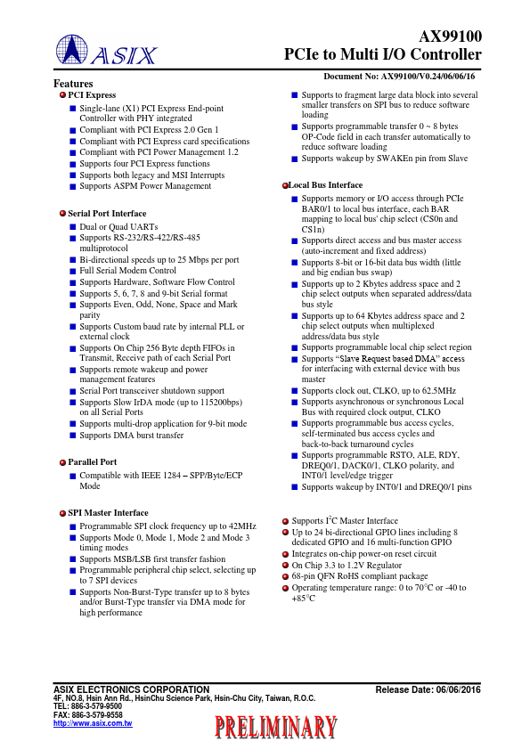 AX99100 Datasheet (PCIe to Multi I/O Controller) | ASIX