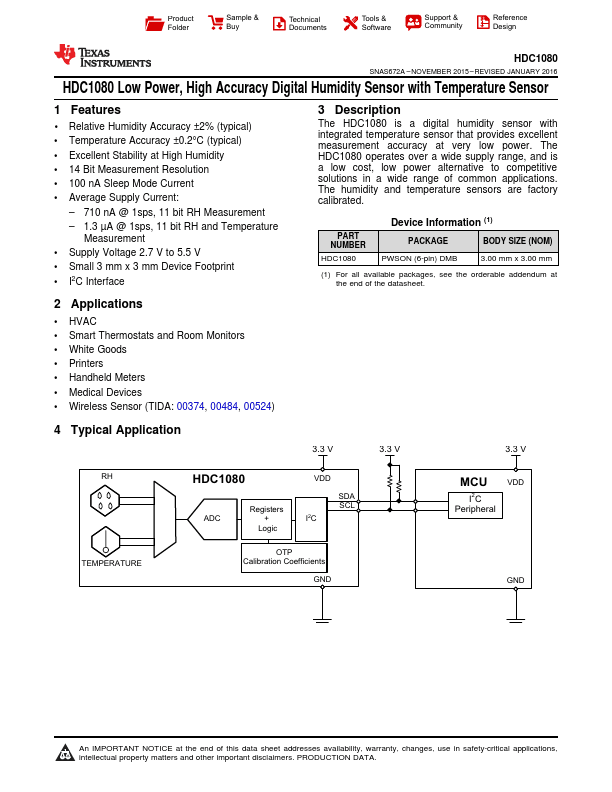 HDC1080 Datasheet | Texas Instruments