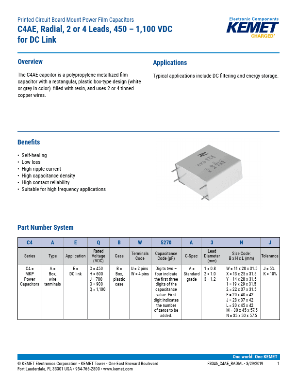 C4AEOBW5300A3MJ, C4AE Capacitor Plastic Film (KEMET Electronics)
