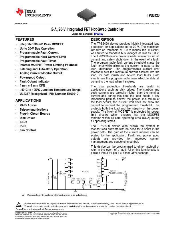TPS2420 Datasheet (FET Hot-Swap Controller) | Texas Instruments