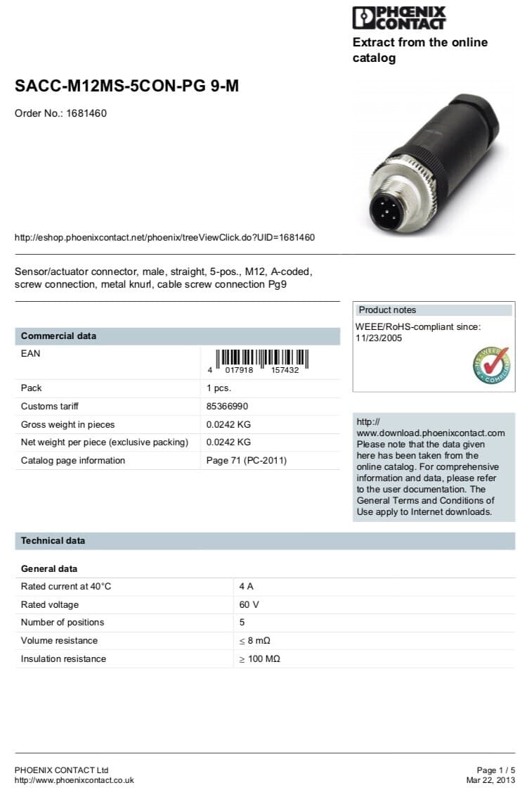 Phoenix Contact Circular SACC-M12MS-5CON-PG9-M - 1681460 M12 5-Pin ...