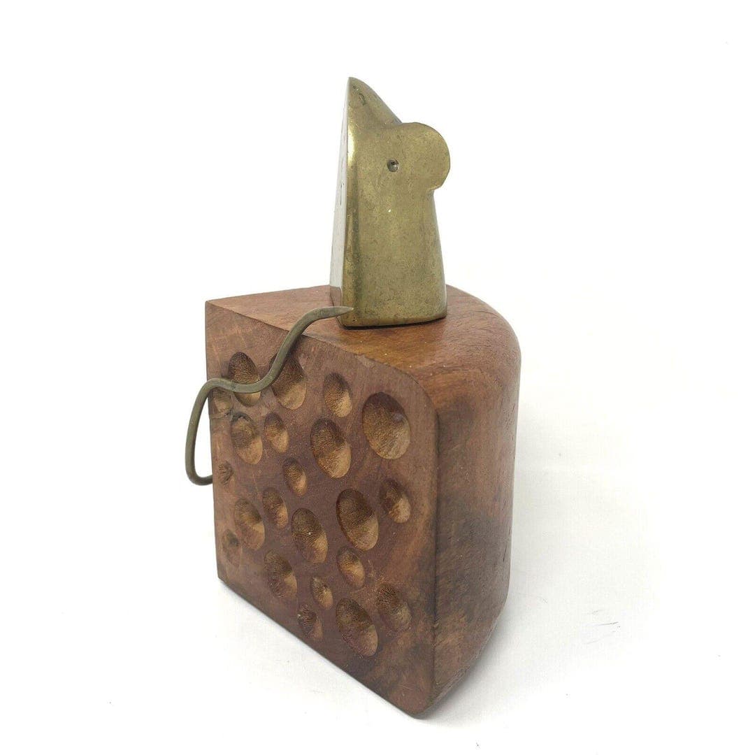 Brass Mouse Rat Cheese Wedge Wood Block Bookend Door Stop MCM Decor ...