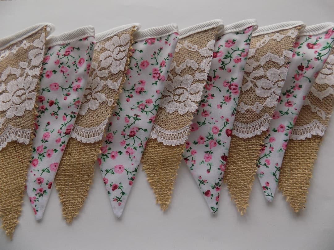 Hessian, Lace & Floral Fabric Bunting, Burlap Wedding Garland, Vintage ...