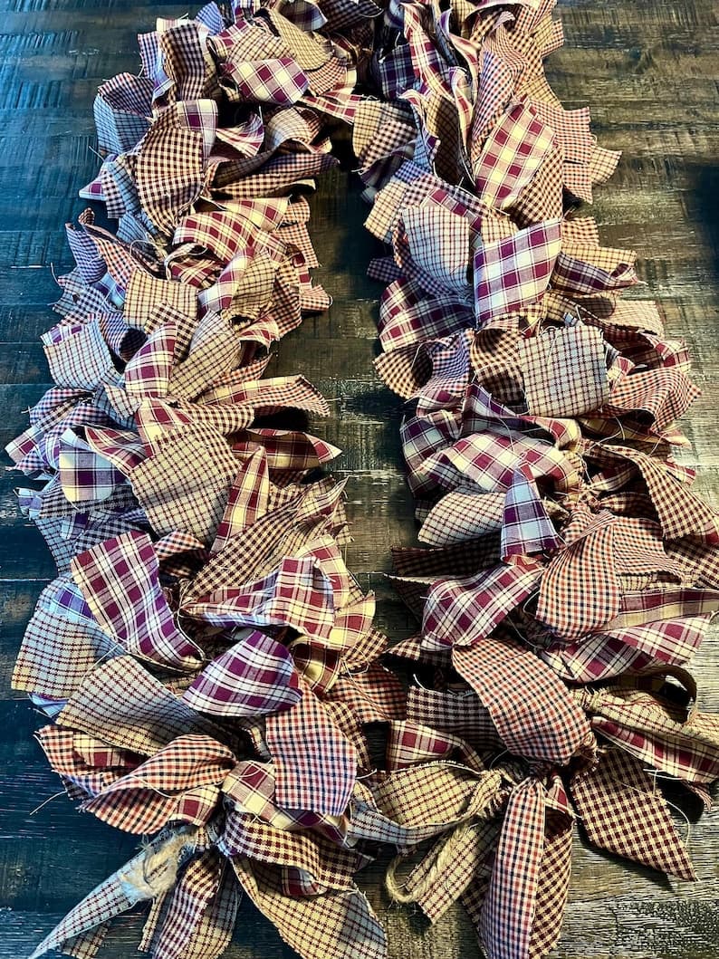 Red and Tan Homespun Fabric Garland, Farmhouse Mantel Decor, Rag Tie ...