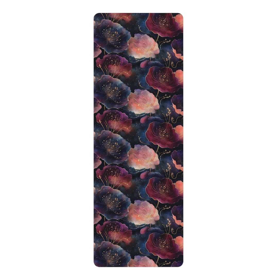 Cosmic Flowers Yoga Mat, Dark Floral Design Rubber Yoga Mat, Non-slip ...