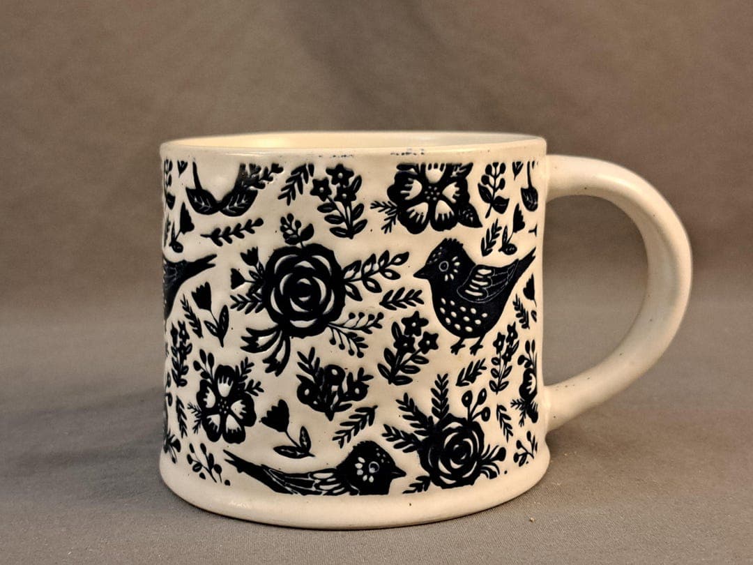 Signature Housewares "blue Bird Mug" Embossed Stoneware Indigo & White ...