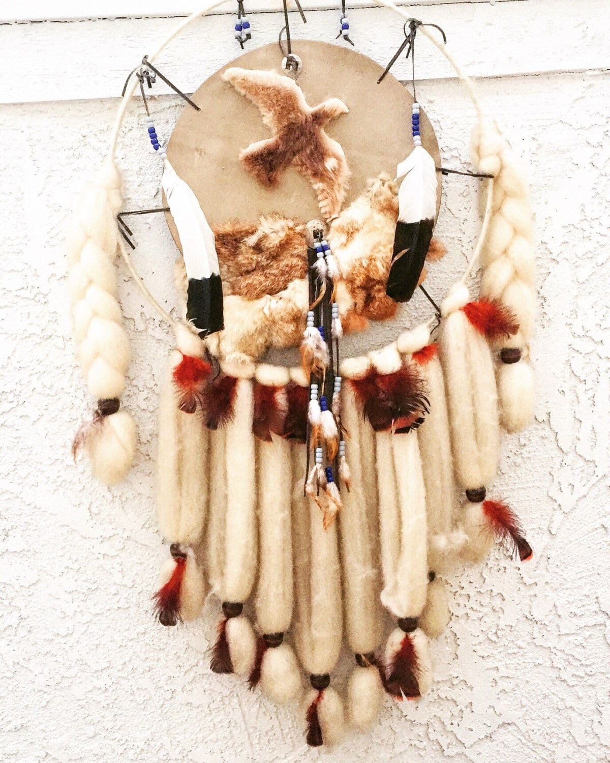 Large Native American dreamcatcher, fur, feathers, and wool | Dream ...