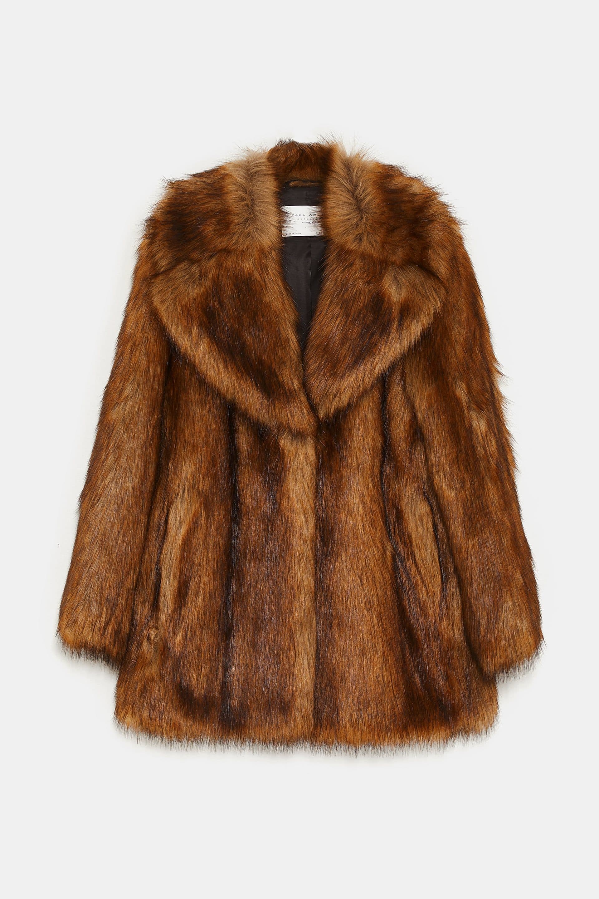 Zara Long Faux Fur Coat Brown