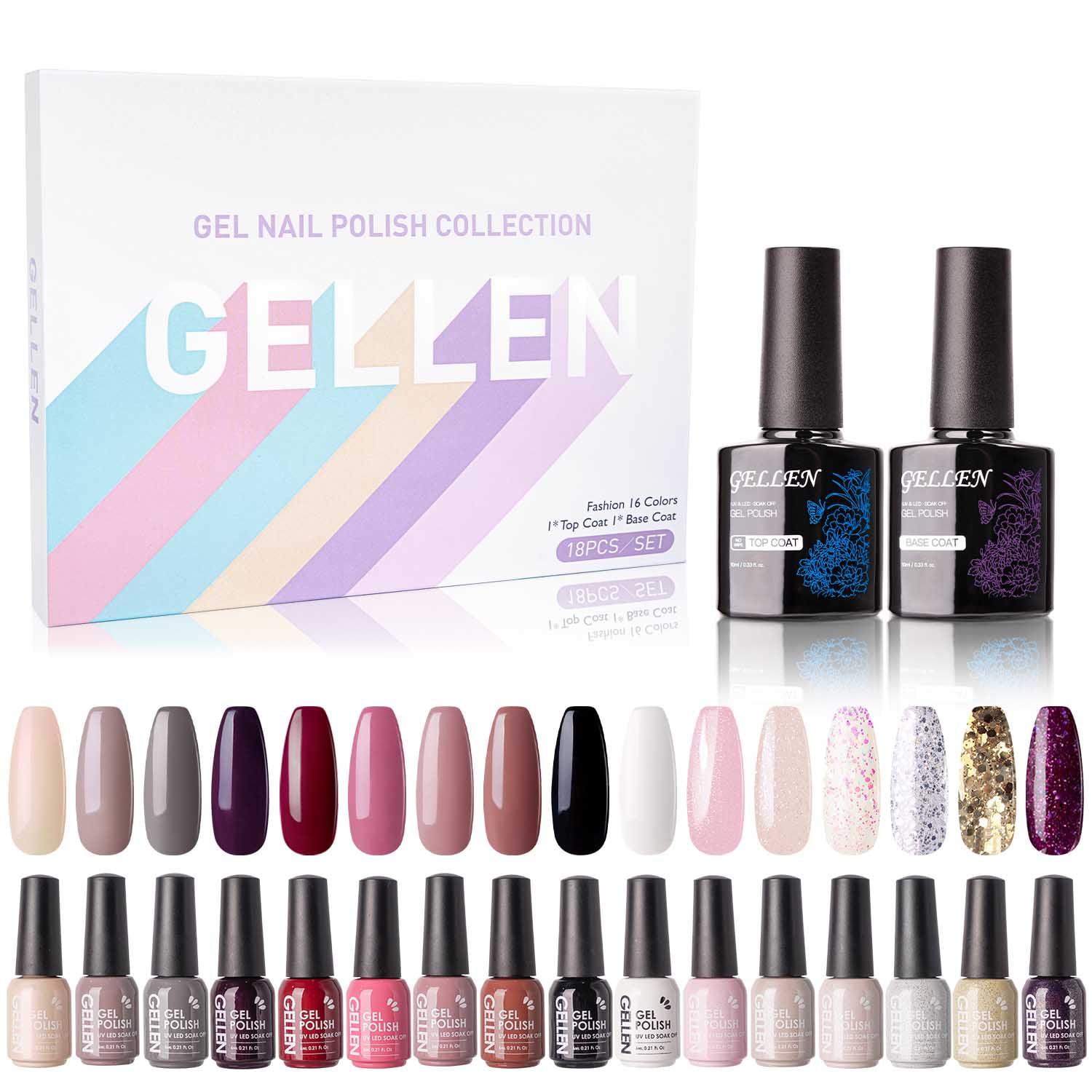 Gellen Gel Nail Polish Kit, 16 Colors Gel Polish Set with Top & Base ...