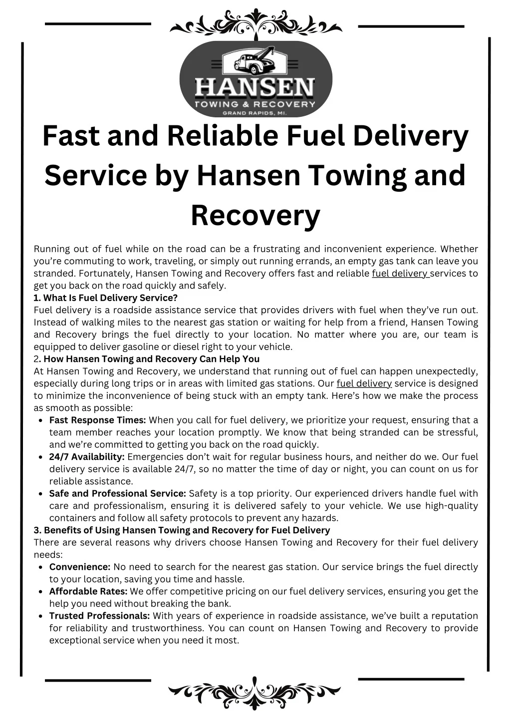 PPT - Fast and Reliable Fuel Delivery Service by Hansen Towing and ...
