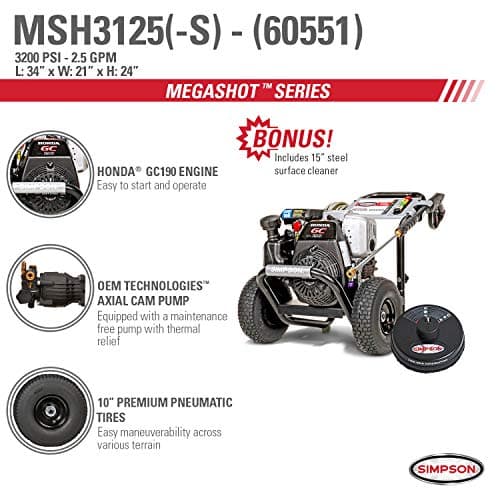Simpson Cleaning MSH3125 MegaShot Gas Pressure Washer Powered by Honda ...
