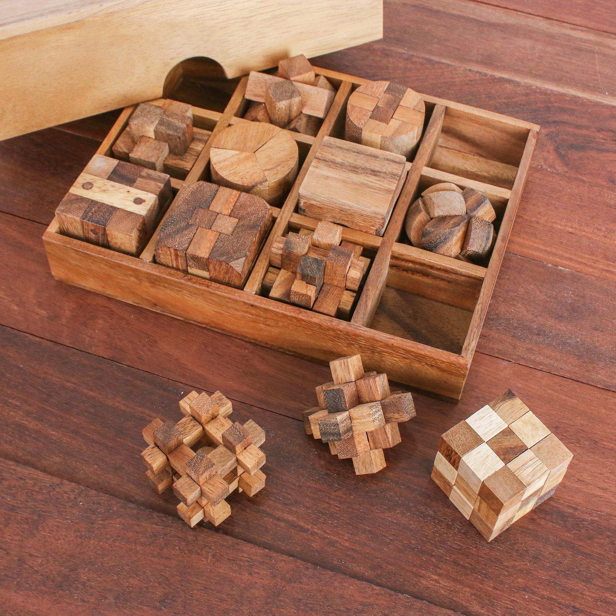 12 Handcrafted Wood Puzzles with Box from Thailand - Array of ...