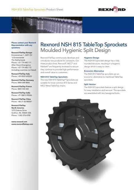 NSH 815 TableTop Â® sprockets. - Rexnord FlatTop Europe