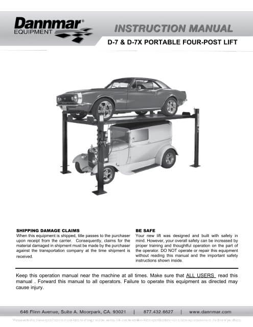 D-7 & D-7X PORTABLE fOuR-POST LIfT - Dannmar Equipment