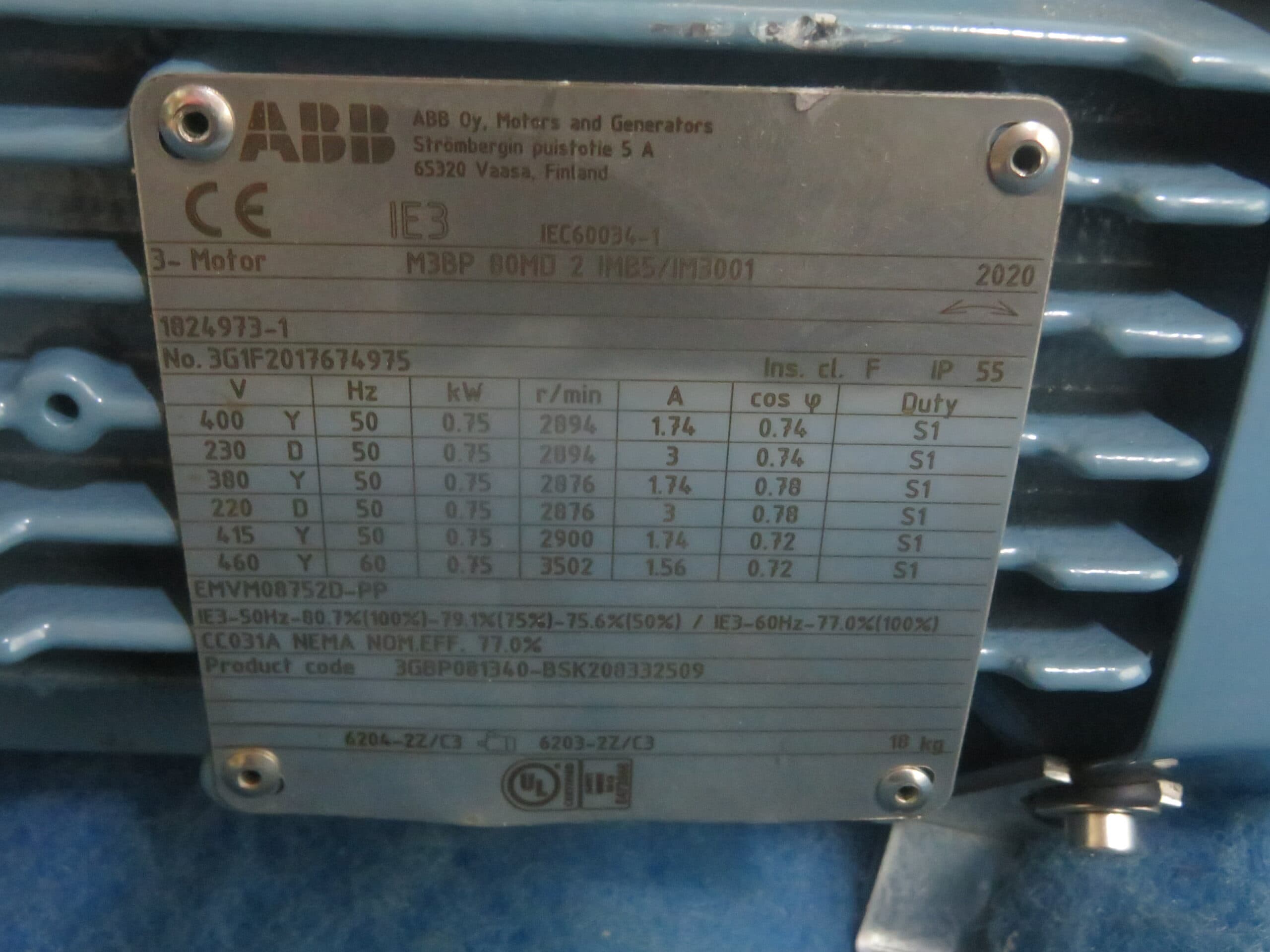 ABB M3BP 80MD 2 IMB5 3 Phase .75kW 3500RPM Motor + 1 Year Warranty ...
