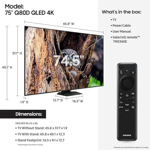 SAMSUNG 75-Inch Class QLED 4K Q80D Series Quantum HDR+ Smart TV w/Dolby ...