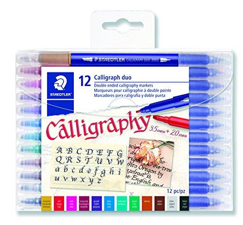 STAEDTLER double ended calligraphy markers, calligraph duo, for narrow and broad lettering designs, pigmented ink, 12 assorted colors, 3002TB12LU