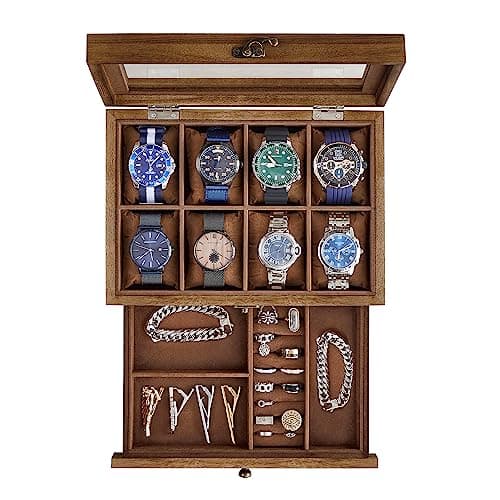SONGMICS 2-Tier Watch Box with Solid Wood and Acrylic Top, Watch ...