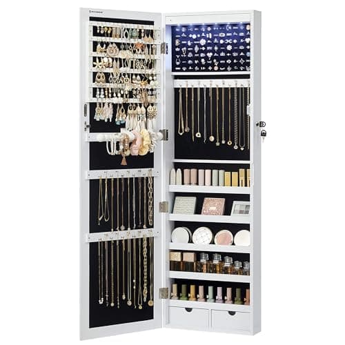 SONGMICS LED Mirror Jewelry Cabinet Standing Jewelry Armoire Organizer ...