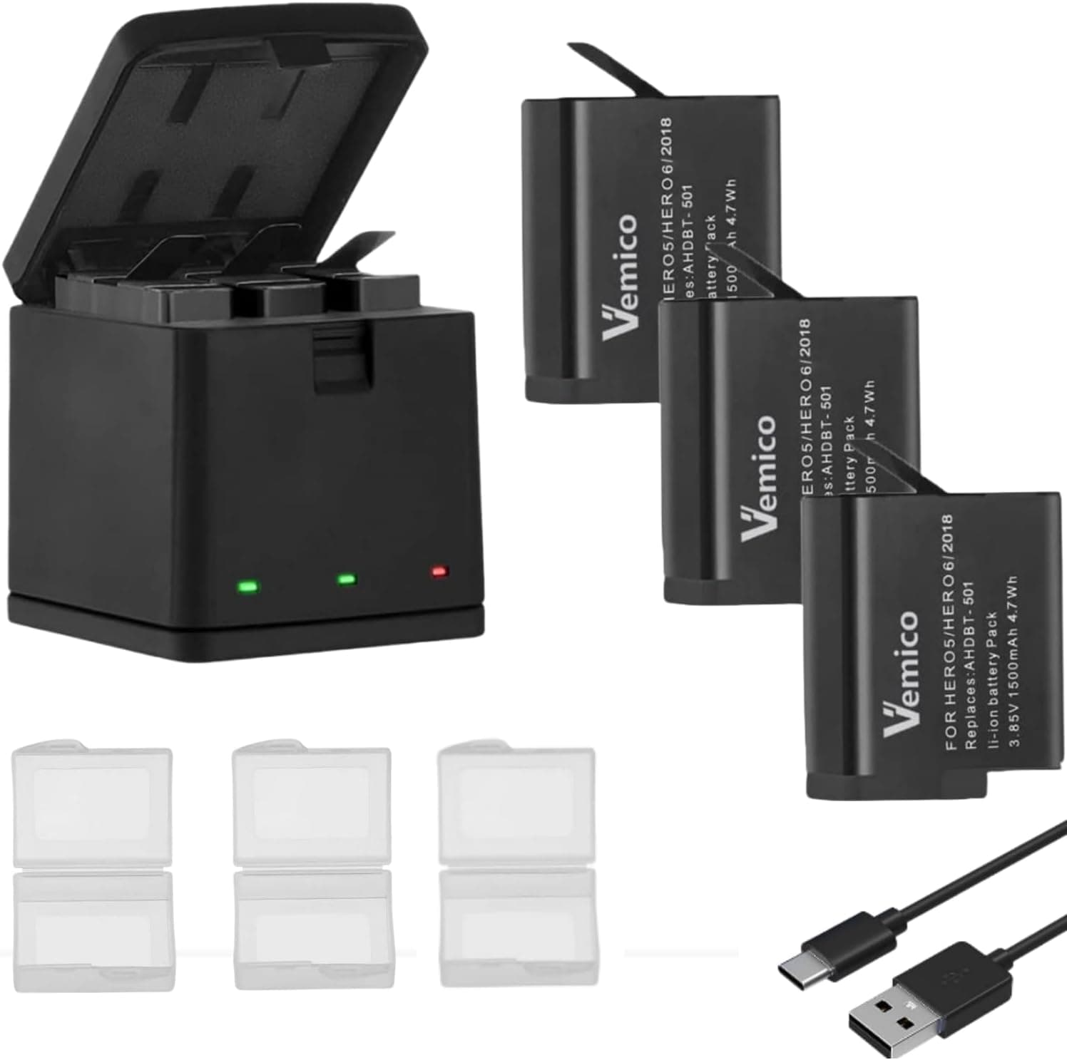 Amazon.com : Vemico 3 Pack 1500mAh Batteries for Hero 7/6/, with USB-C ...