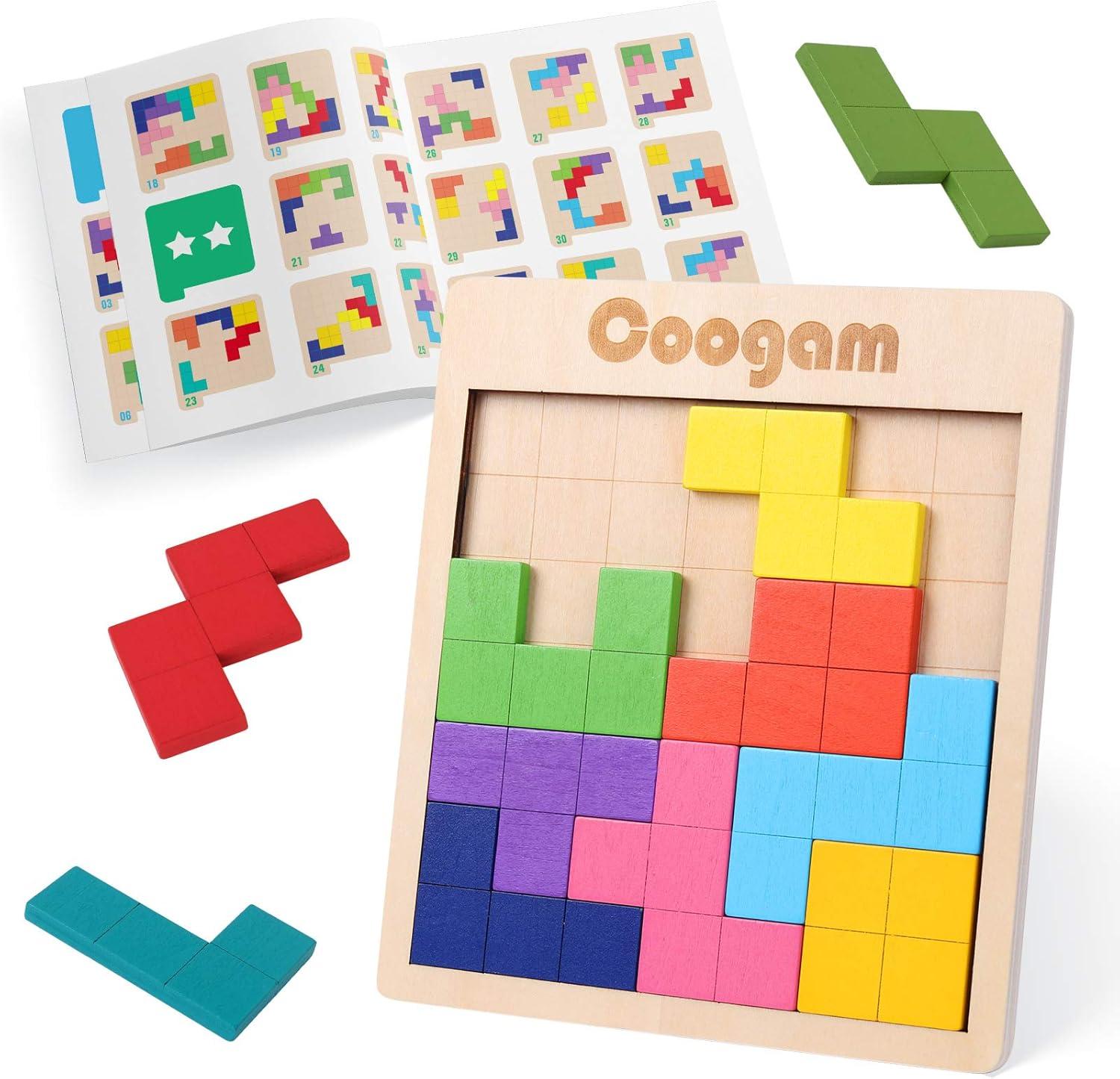 Coogam Wooden Tangram Puzzle Pattern Blocks Brain Teasers Game with 60 ...