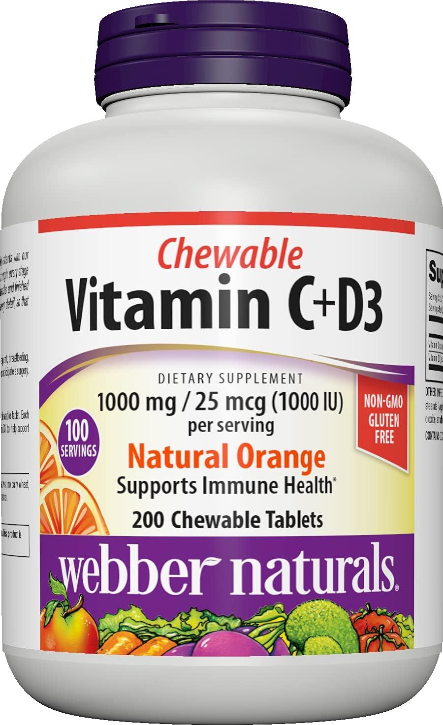 Buy Webber Naturals Vitamin C+D3, 200 Chewable Orange Tablets, 1,000 mg ...