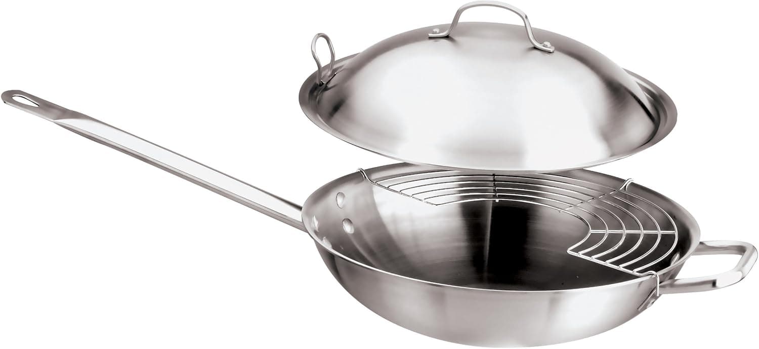 Paderno World Cuisine Tri-ply Stainless-Steel Wok with Grid and Cover ...