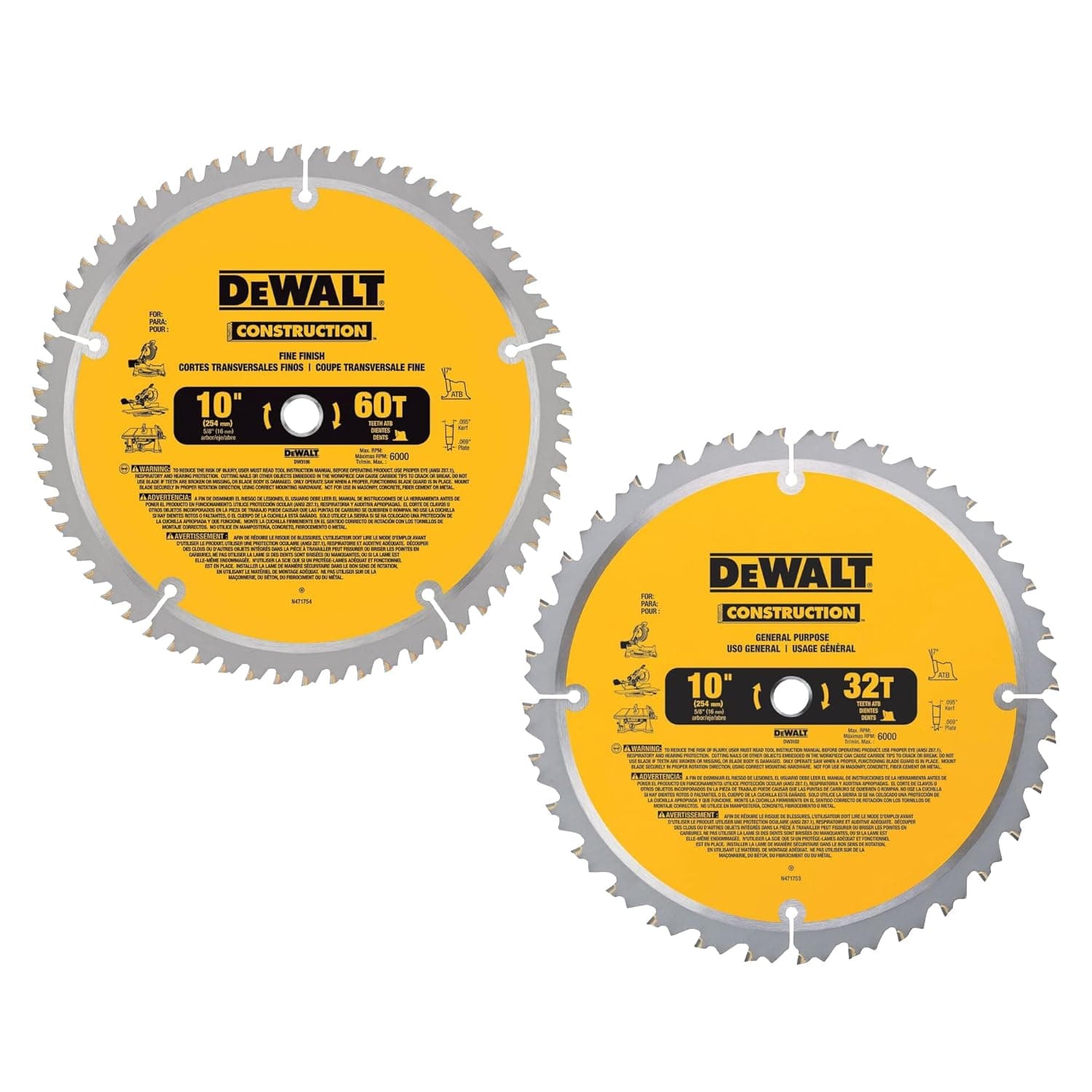 DEWALT DW3106P5 60-Tooth Crosscutting and 32-Tooth General Purpose 10 ...