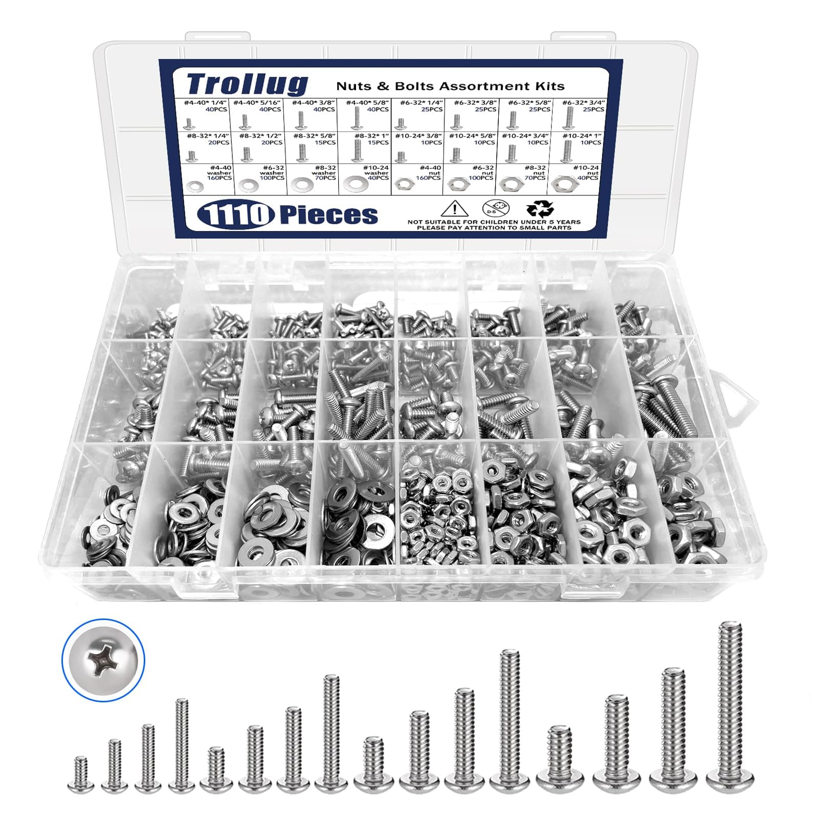 1110PCS Nuts and Bolts Assortment Kit, Stainless Steel Hardware ...