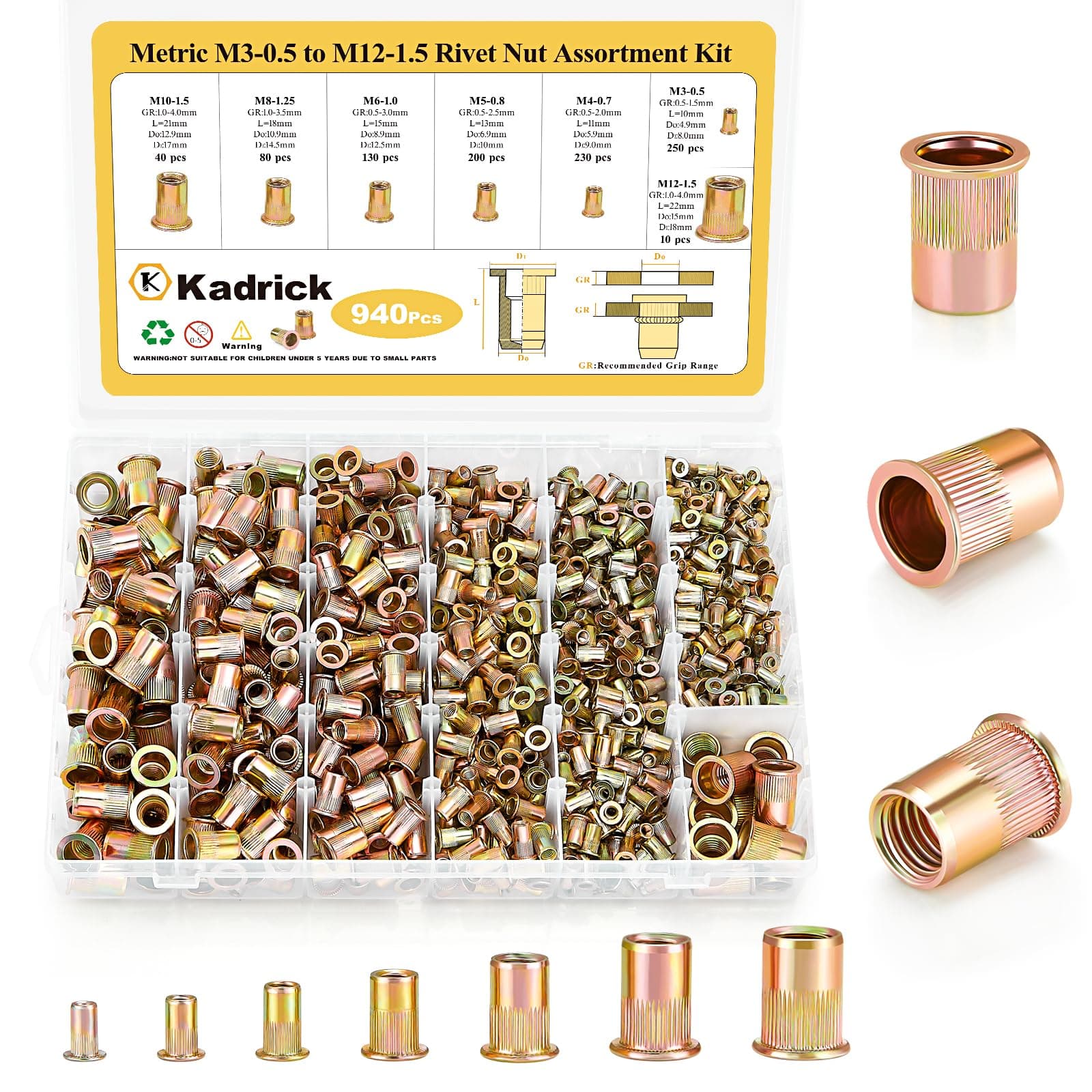 Snapklik.com : Rivet Nut Kit, 940pcs Metric Rivet Nut Assortment Kit ...