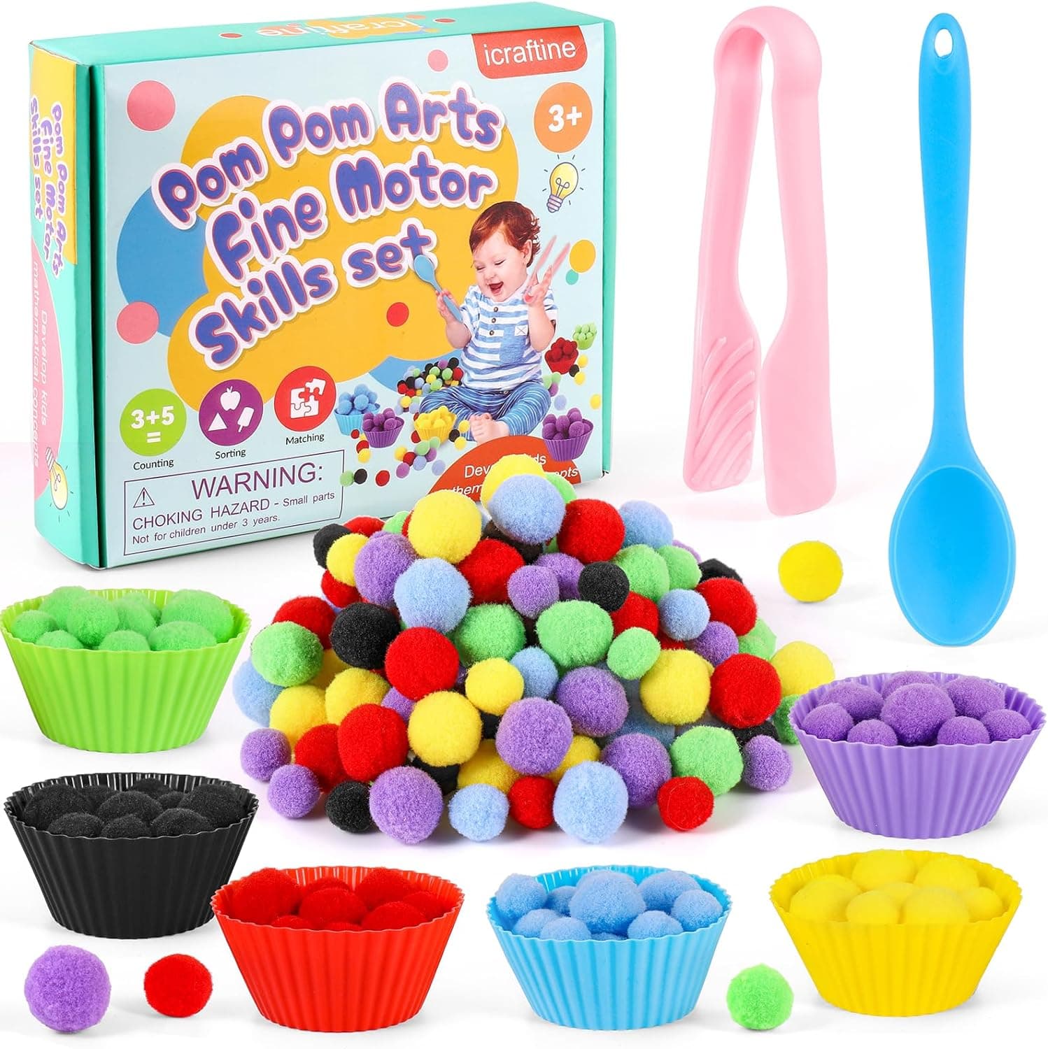 iCraftine 158 PCS Fine Motor Skills Set - 150 Pom Poms, 6 Sorting Bowls ...