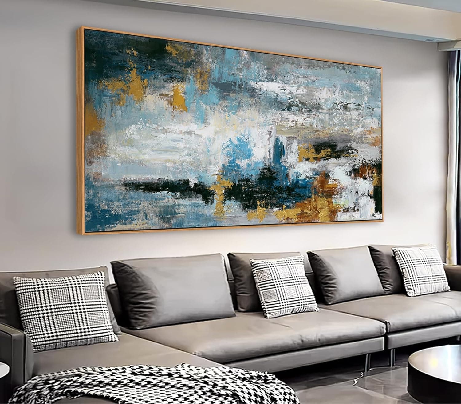 Framed Abstract Wall Art Large Canvas Picture Modern Blue Grey Brown ...
