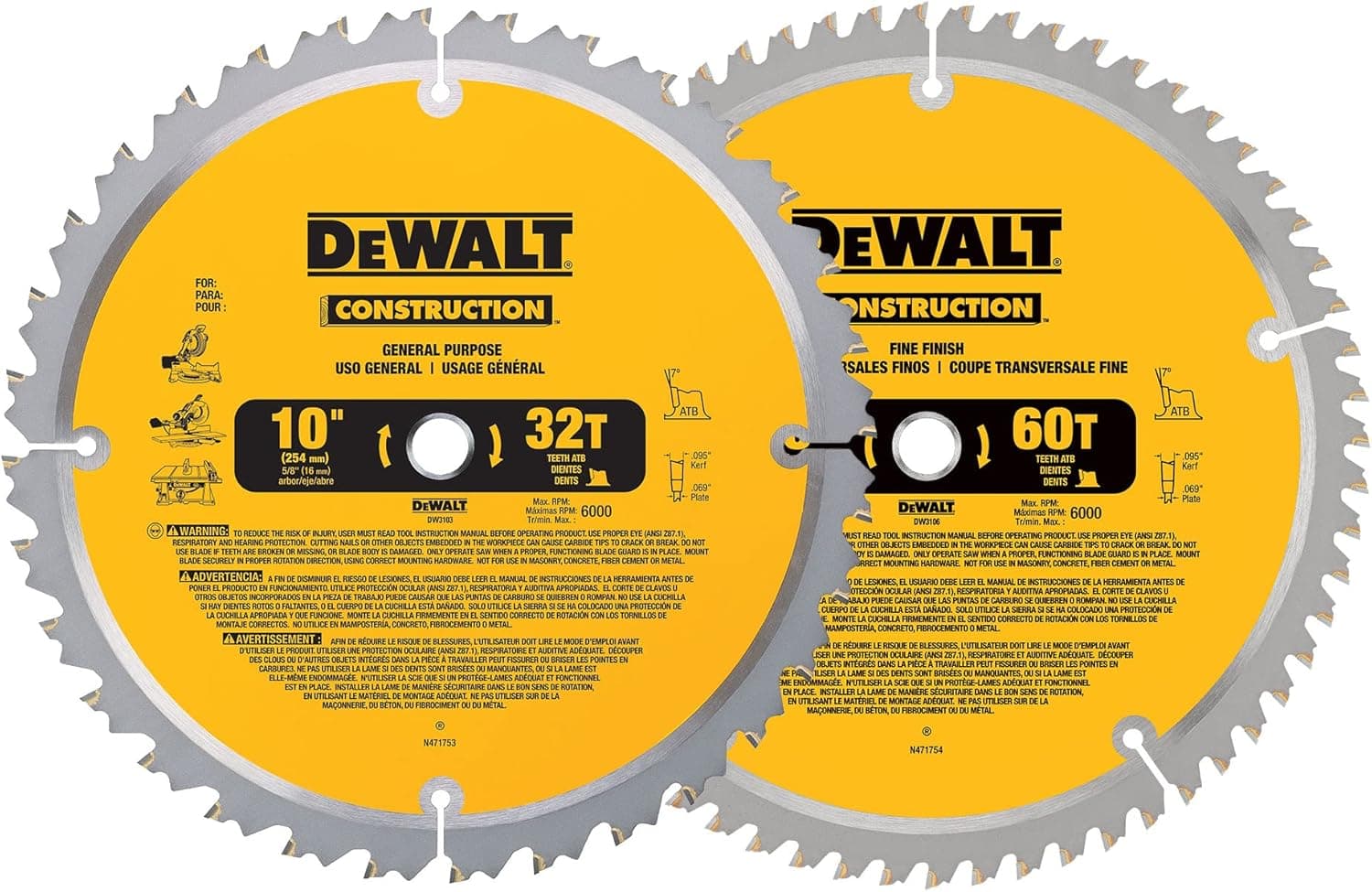 DEWALT DW3106P5 2 Blade 10-Inch 60-Tooth Crosscutting Saw Blade and 10 ...