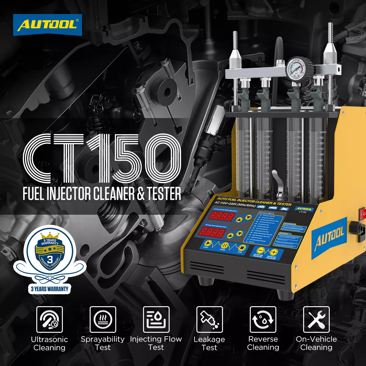 AUTOOL CT150 Injector Ultrasonic Cleaner & Tester With 4 Cylinders Tool ...