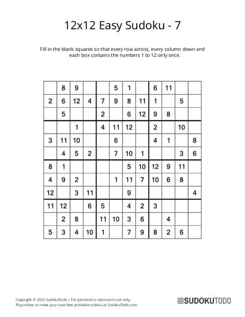 12x12 Easy Sudoku Puzzles Printable