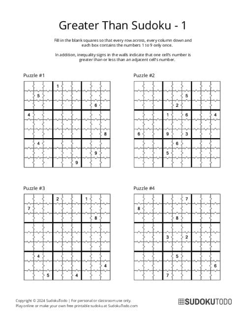 Greater Than Sudoku Puzzles Printable