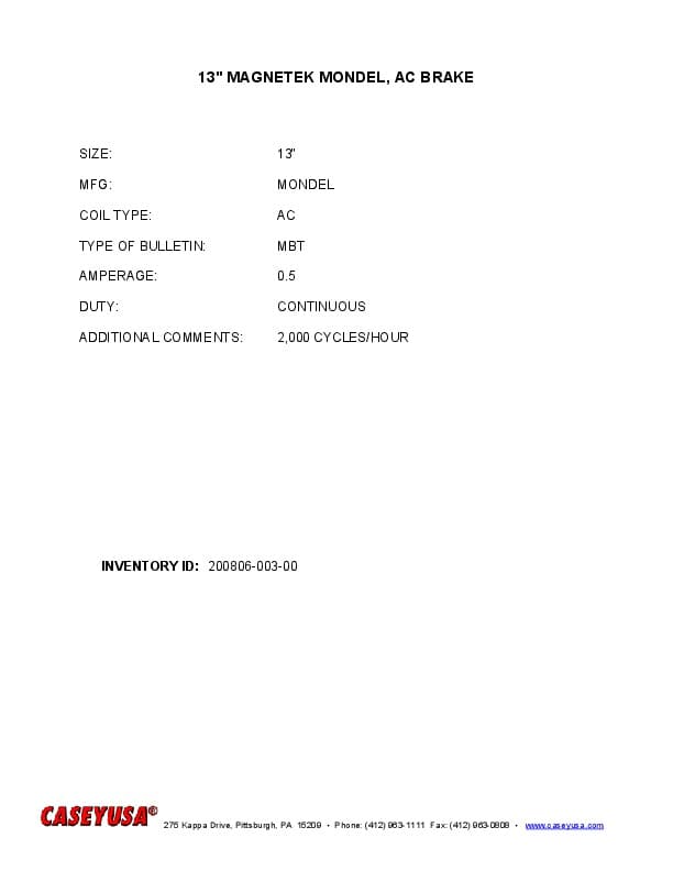 13" MAGNETEK MONDEL, AC BRAKE