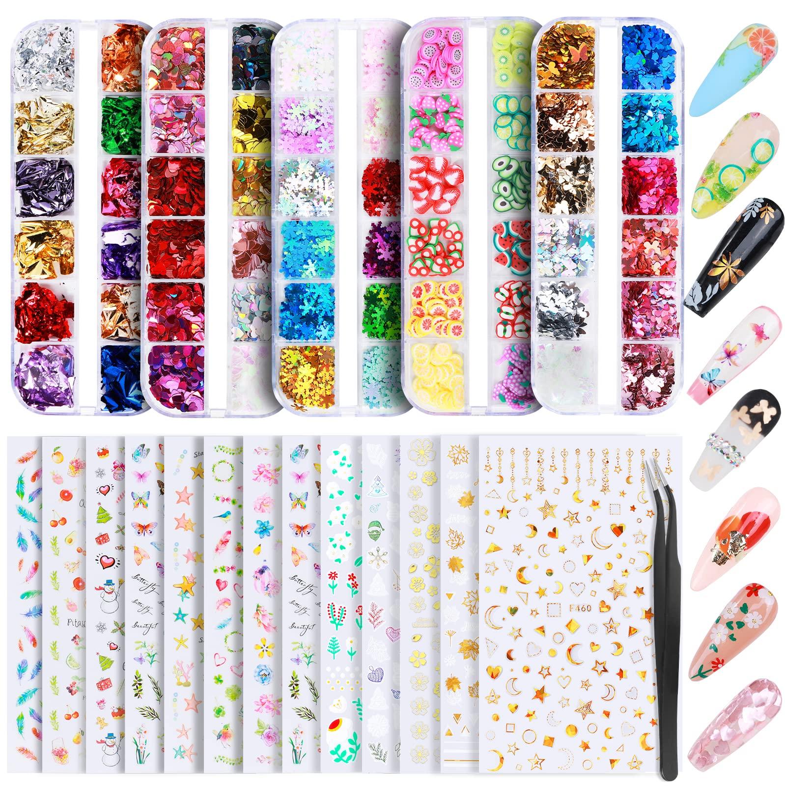 Teenitor Nail Stickers & Decorations - 12 Sheets 3D Self-Adhesive Art ...