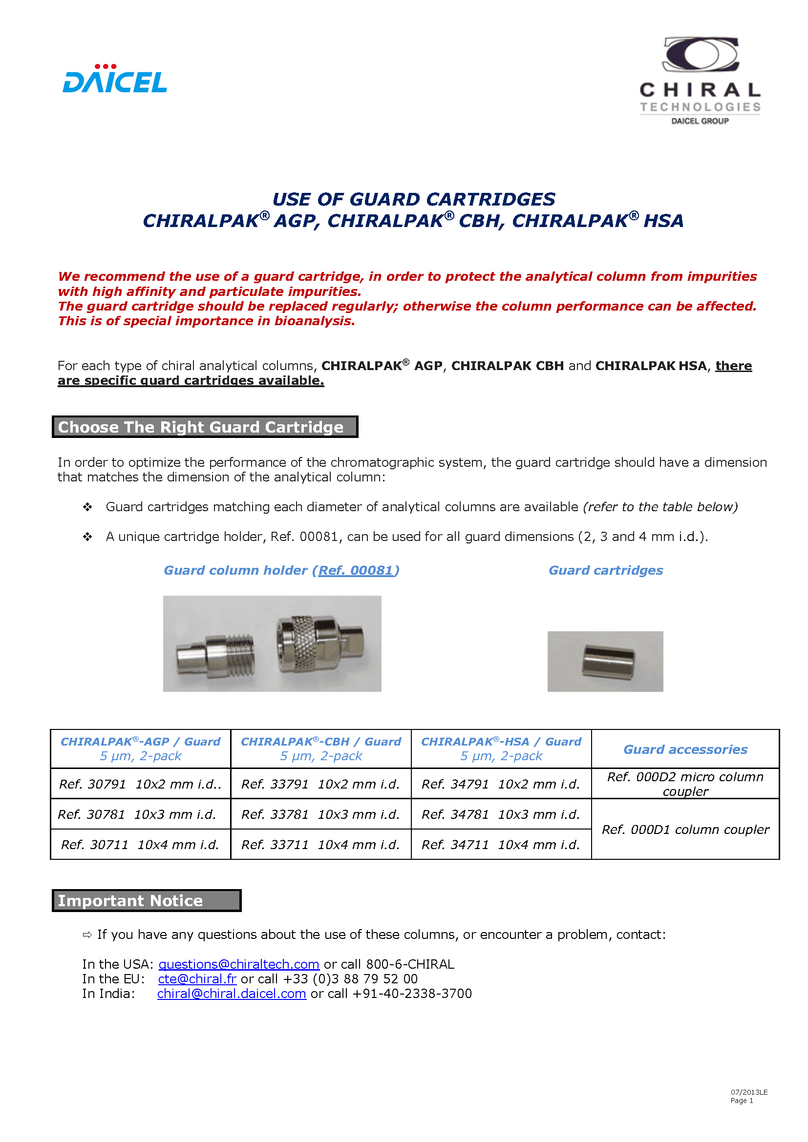 Daicel CHIRALPAK® HSA Human Serum Albumin Protein Based Chiral Columns