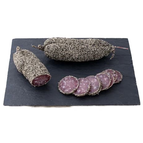 Traditional sausage with pepper, garlic, thyme and rosemary on wooden ...