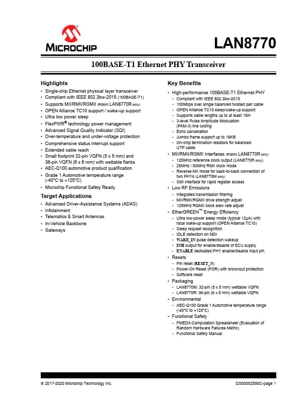 LAN8770 Datasheet (100BASE-T1 Ethernet PHY Transceiver) | Microchip ...