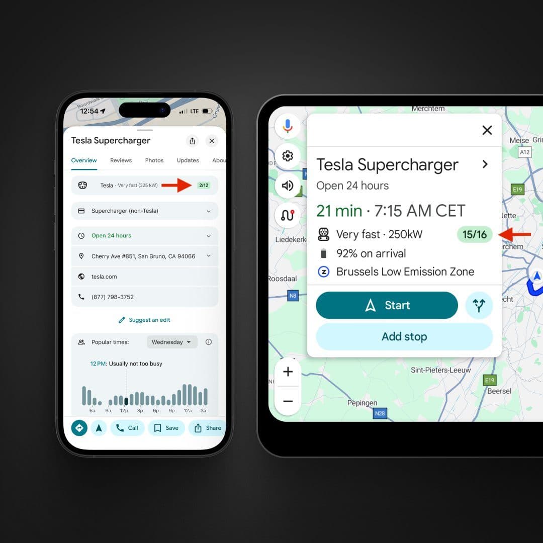 Google Maps Now Shows Live Tesla Supercharger Data