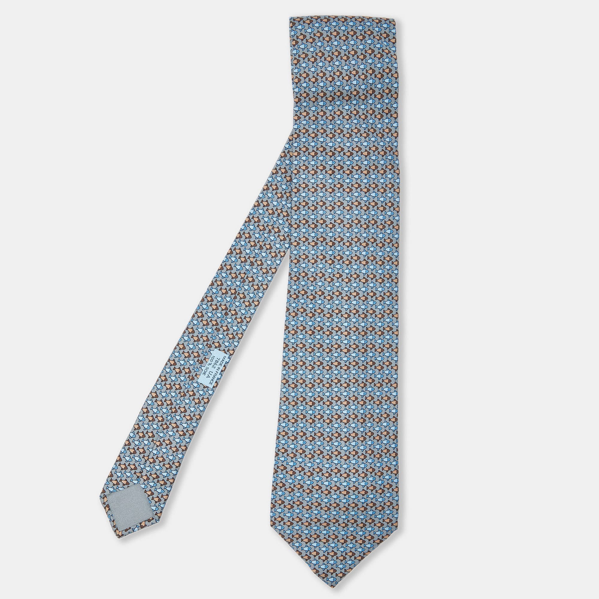 Pre-owned Hermes Hermès Grey Fish Print Silk Classic Tie | ModeSens