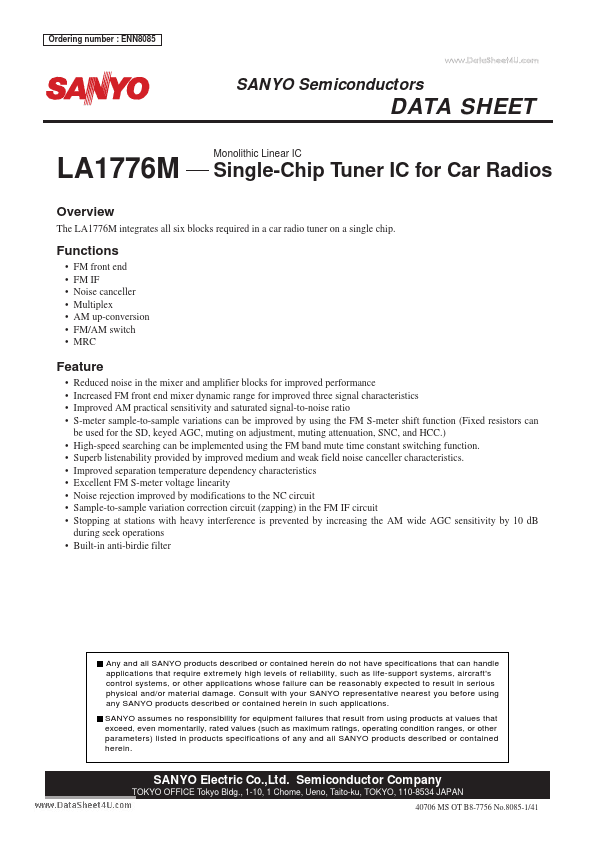 LA1776M Datasheet (Monolithic Linear IC Single-Chip Tuner IC) | SANYO
