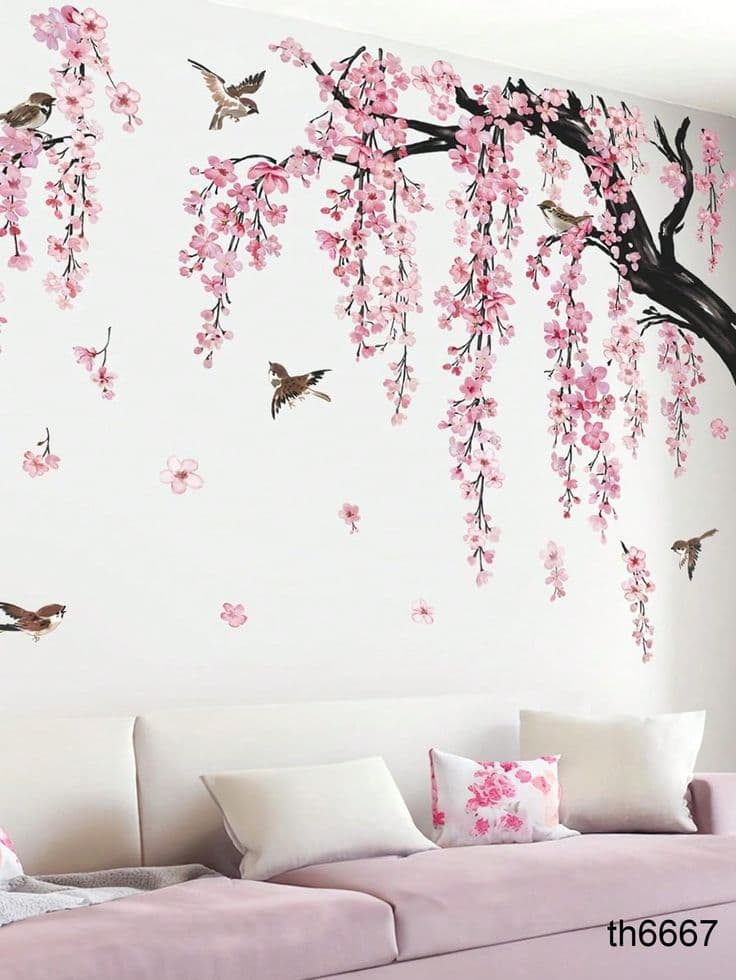 Pink Cherry Blossom Tree Wall Decal With Birds, Bird & Floral Pattern ...