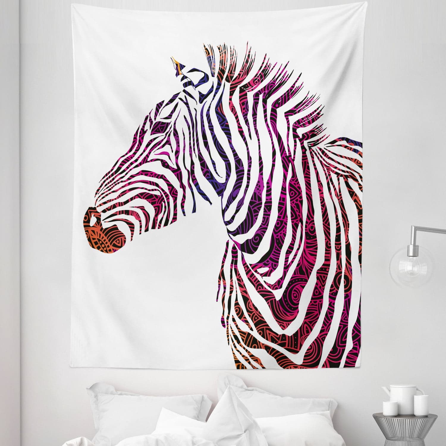 Animal Tapestry, Ornamental Zebra Profile Silhouette Striped Safari ...