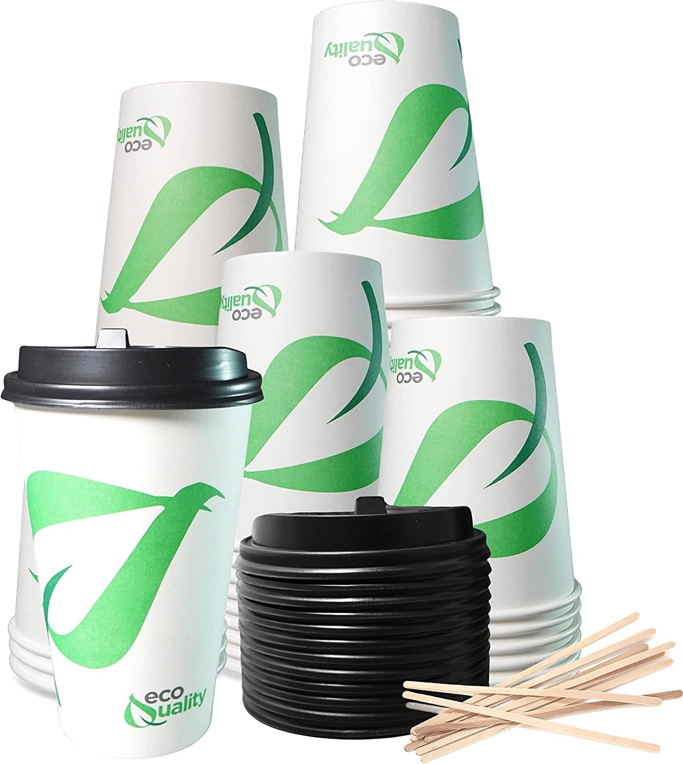 16 oz Compostable Paper Cups with Black Dome Lids and Wooden Stirrers ...