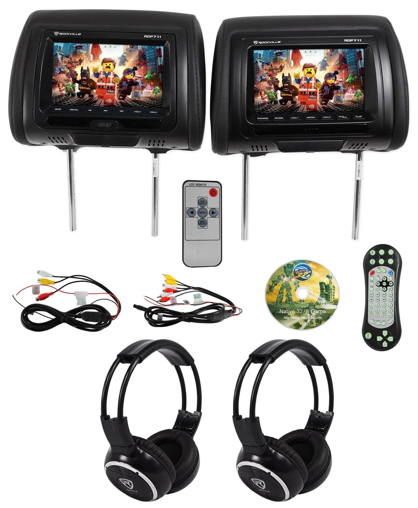 Rockville RDP711-BK 7” Car Headrest Monitors w/DVD/USB/HDMI + Games ...